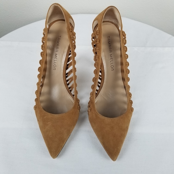 Tamara Mellon Tan Neutral Suede Braided Pointed Toe Pump Heels Size 8 - Picture 4 of 12
